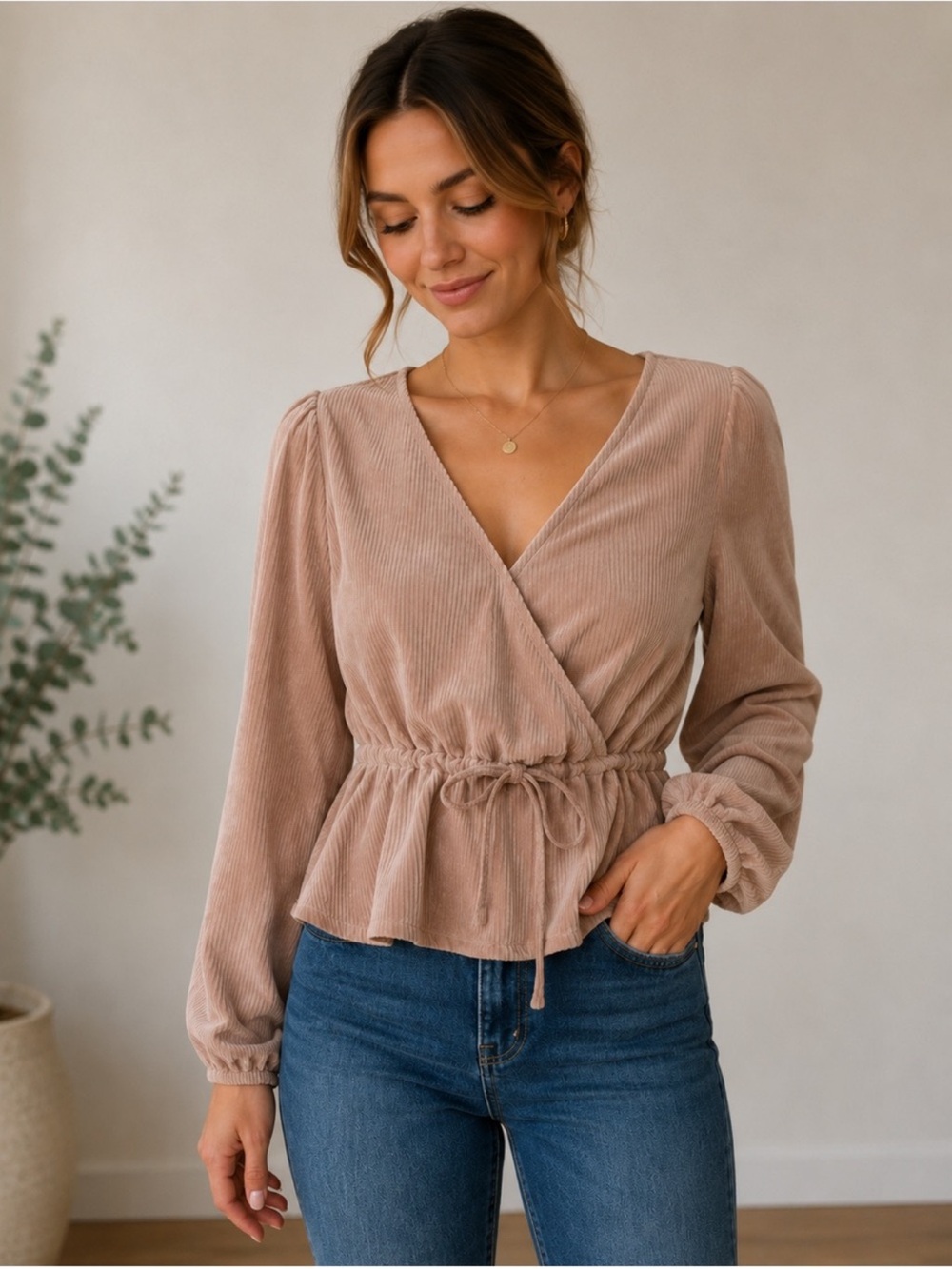 Madewell Corduroy tie front Faux Wrap long sleeve top